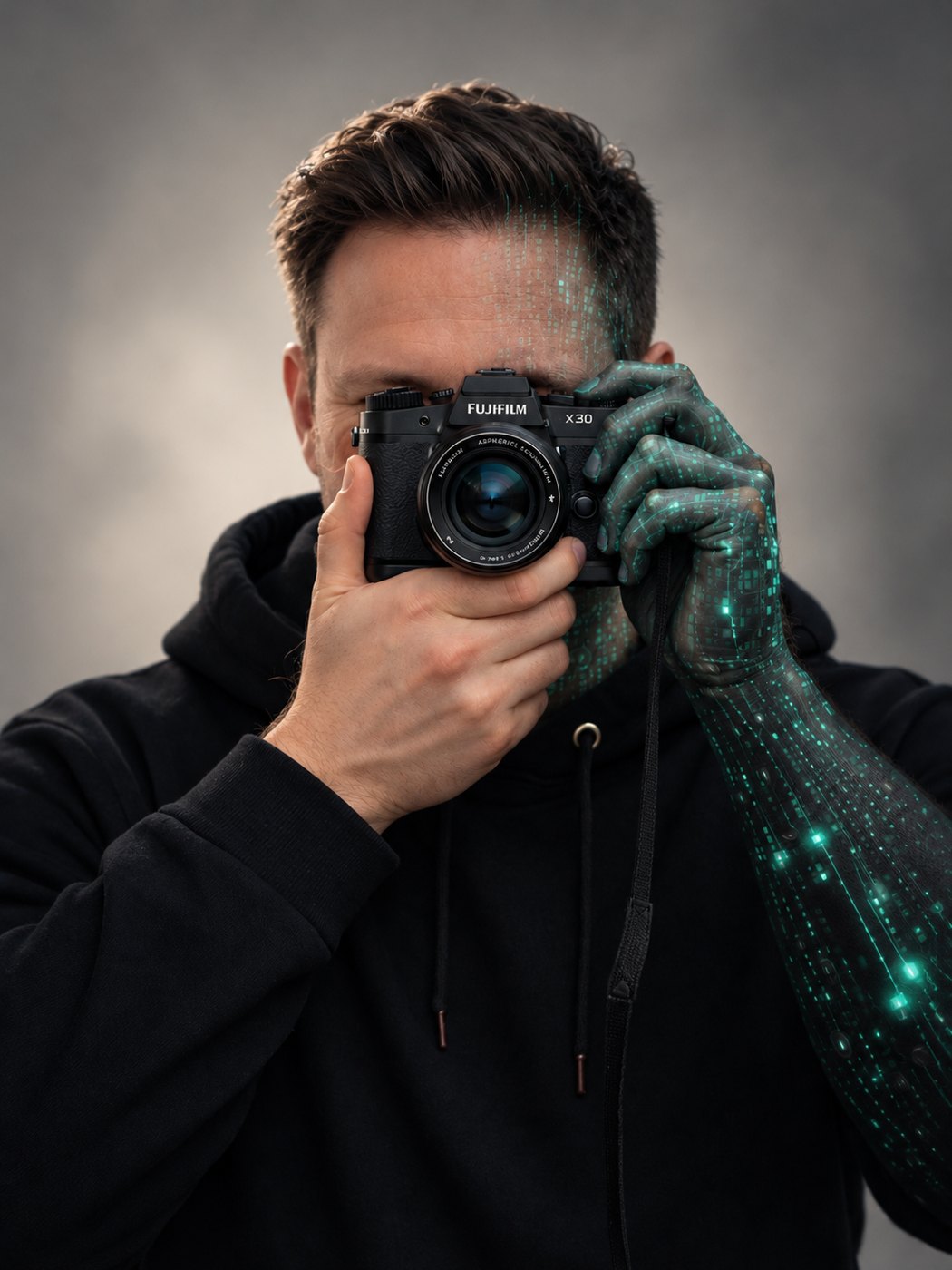 Portrait of a photographer, half human and half digital