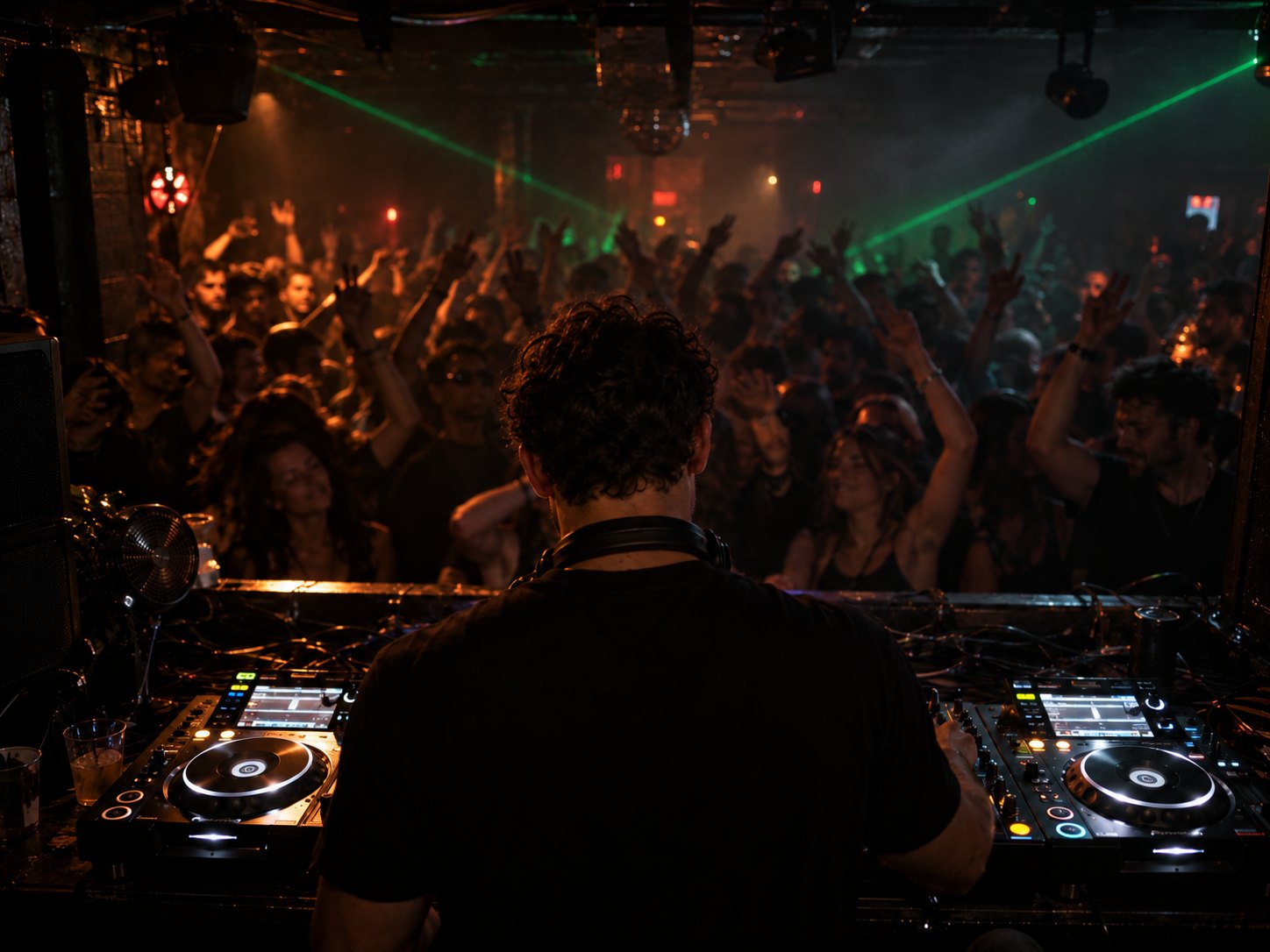 DJ performing before a lively crowd in a dark club